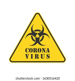 Corona virus sign with biohazard symbol. Influenza logo. Yellow disease warning triangle icon. Vector illustration image. Isolated on white background.