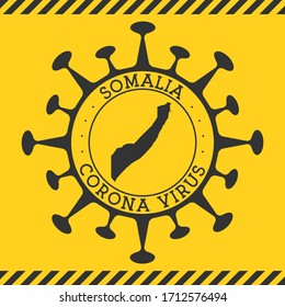 Corona virus in Somalia sign. Round badge with shape of virus and Somalia map. Yellow country epidemy lock down stamp. Vector illustration.