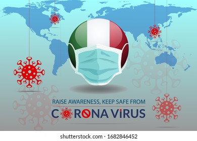 Corona Virus Spread Out In Italy. Medical Face Mask With Italian Flag. World Map Background. Corona Virus Pendulum. Corona Virus In Italy. 