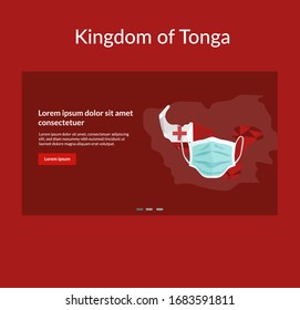 Corona virus spread out in Tonga. Corona viruses influenza as dangerous flu strain cases as a pandemic. Map with medical face mask. COVID-19 novel corona virus concept. Corona virus in Tonga.