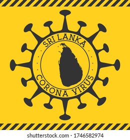 Corona virus in Sri Lanka sign. Round badge with shape of virus and Sri Lanka map. Yellow country epidemy lock down stamp. Vector illustration.