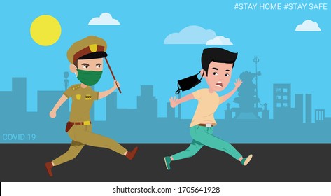 Corona Virus - Stay Home Stay Safe funny cartoon - Policeman running after someone