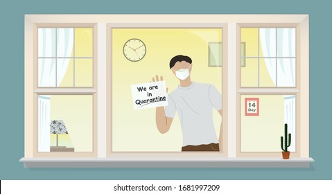 Corona virus - staying at home (self-isolation). Home Quarantine illustration. Corona virus self-quarantine. Isolation period at home. Self-isolation shield from coronavirus. Vector.