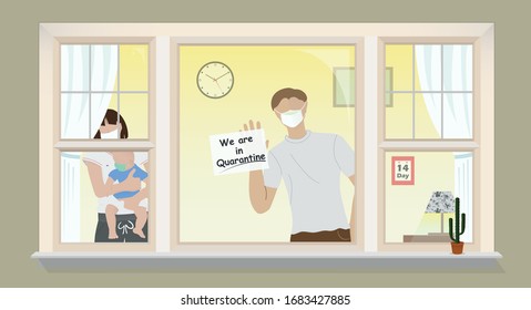 Corona virus - staying at home (self-isolation). Home Quarantine illustration. Corona virus self-quarantine. Isolation period at home. Self-isolation shield from coronavirus. All family in quarantine