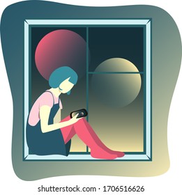 Corona virus - staying at home.Home Quarantine illustration. Corona virus self-quarantine. Isolation period at home. Self-isolation shield from coronavirus. A girl on a window.