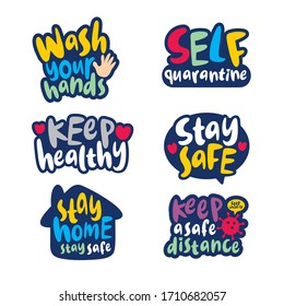 corona virus sticker set. wash your hands. keep healthy. stay safe. keep a safe a distance. stay home