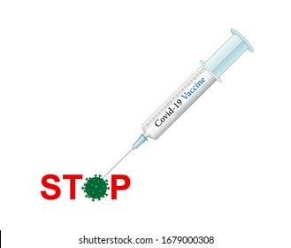 Corona virus stop with vaccination medicine syringe,
Hypodermic syringe disposable medicine
Vector illustration isolated on white background
