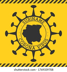 Corona virus in Suriname sign. Round badge with shape of virus and Suriname map. Yellow country epidemic lockdown stamp. Vector illustration.