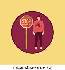 Corona virus symbol. infection & spread vector. man stay home & stop coronavirus outbreak. health care medical. flat design guy or male & medical face mask icon. infected character with warning sign
