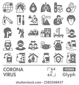 Corona virus symbols collection or sketches. coronavirus theme icons in glyph style signs for web and app. Vector graphics isolated on white background