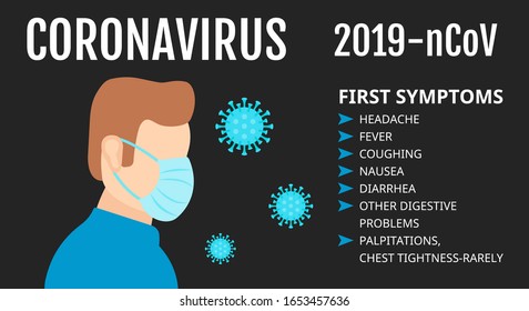 corona virus symptoms, headache, fever, cough, character, man and 
face mask vectors illustration