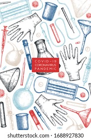 Corona virus testing laboratory equipment. Coronavirus hand drawn design template. New pandemic COVID-19 flyer. Vector banner with laboratory equipment, medicinal, protection tools, viruses drawings.