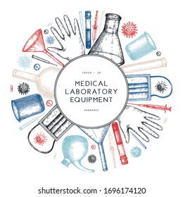 Equipo de laboratorio de pruebas del virus Corona fue destruido. Plantilla de diseño dibujada a mano por Coronavirus. Volante COVID-19. Pancarta vectorial con equipos de laboratorio, medicamentos, herramientas de protección, dibujos de virus.