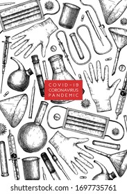 Corona virus testing laboratory equipment  flyer. Coronavirus hand drawn design template. Pandemic COVID-19 lea. Vector banner with laboratory equipment, medicinal, protection tools, viruses drawings.