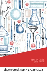 Volante de equipo de laboratorio para pruebas del virus Corona. Plantilla de diseño dibujada a mano por Coronavirus. Pandémica VID-19 lea. Pancarta vectorial con equipos de laboratorio, medicamentos, herramientas de protección, dibujos de virus.