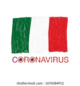 Corona virus text with Italy flag made of doodle vector. Corona virus infection vector banner background. Virus corona virus microbe