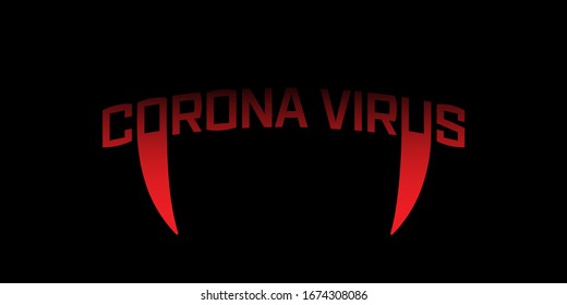 Corona-Virus-Textlogo mit Kaninenzähnen in roter Farbe einzeln auf schwarzem Hintergrund.