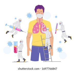 Ilustración plana vectorial del tratamiento del virus Corona. Profesionales médicos inspeccionando los pulmones humanos, sujetando termómetro, jeringa, muestras de sangre de tubo. Médicos que luchan contra la infección por virus.