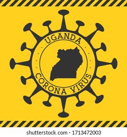 Corona virus in Uganda sign. Round badge with shape of virus and Uganda map. Yellow country epidemic lockdown stamp. Vector illustration.