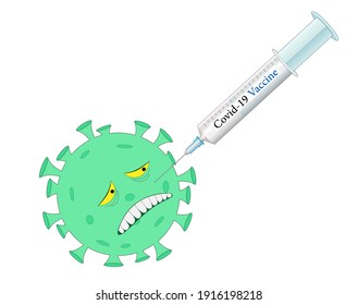 Corona virus is vaccinated and looks angry because it dies,
Stop spreading with vaccination,
Vector illustration isolated on white background
