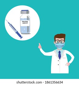 Corona virus vaccination Covid-19 with vaccine bottle and syringe injection tool for  immunization treatment. Doctor wearing a medical mask and pointing to it with her finger.