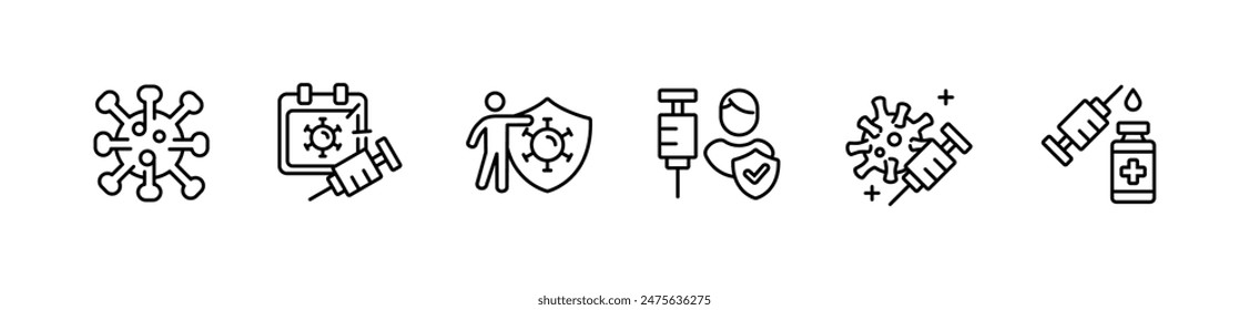 Coronavirus-Impfspritze Injektionssymbol Set Medizinische Virusimmunität Behandlung Medizin Nadel Vektorgrafik Linie Zeichen Illustration