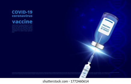 Corona virus vaccine bottle and syringe on dark blue background