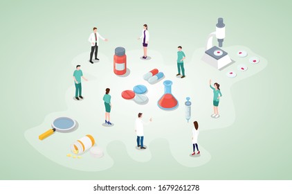 corona virus vaccine concept  with team people medical analysis search for vaccination with modern isometric style