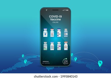Corona virus Vaccine on Mobile Application , Covid-19 vaccine Online on Website or smartphone as order product, healthcare concept, Online Application vaccine Delivery service concept.