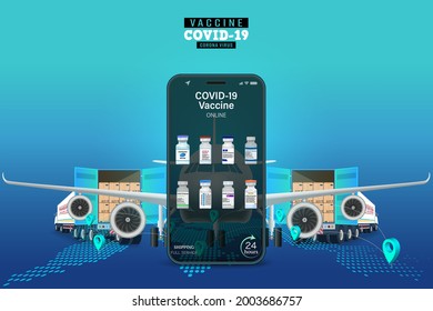Corona virus Vaccine on Mobile Application , Covid-19 vaccine Online on Website or smartphone as order product, healthcare concept, Online Application vaccine Delivery service concept. 
