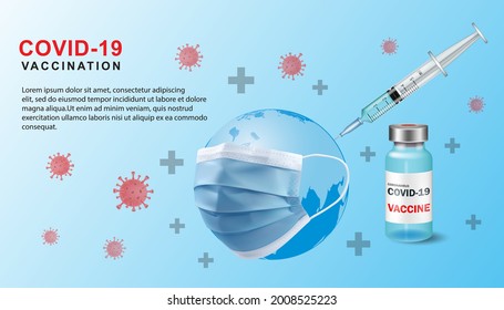 Corona-Virus-Impfstoff, Vektorhintergrund. Impfung des Corona-Virus Covid-19 mit der Globe mit einer Maske. Impfflaschen und Spritzen zur Behandlung der Covid-19-Immunisierung weltweit