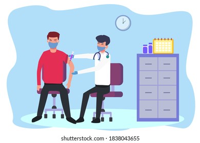 Corona virus vector concept: Male doctor injects man with vaccine of corona virus in the clinic