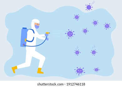 Corona virus vector concept: Young man spraying disinfectant to corona virus while wearing protective suit 