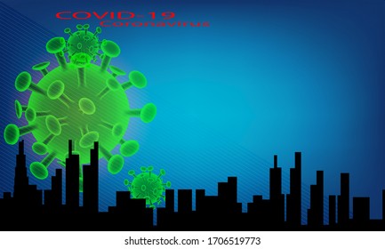 corona virus vector illustration covid-19 and a panoramic view of the big city