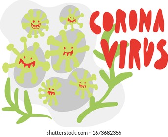 Corona virus vector illustration with funny smile in green and red color. 