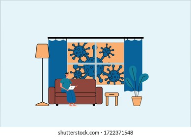 Corona virus warning self isolation home office freelance background concept. Vector illustration.