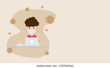 Corona-Virus.Arbeite von zu Hause aus.Der Mensch trägt eine Maske, um das Virus zu schützen. Weltraumhintergrund für Ihren Text. Virensymbole. Charakterkonzept. Gesundheitskonzept.