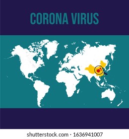 corona virus with world map. virus and lop icon. isolated map world.