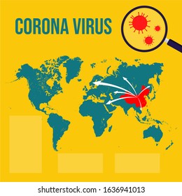 Corona Virus With World Map. Spread Of Corona Virus. Virus And Lop Icon. Isolated Map World. Info Graphic Template. Social Media Post, Brochure, Poster.