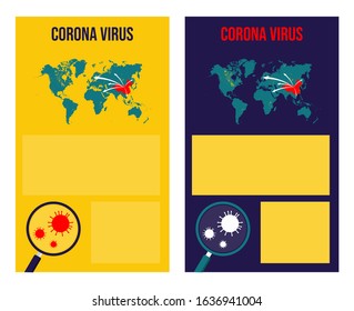 corona virus with world map vertical template design. Spread of corona virus. virus and lop icon. isolated map world. info graphic template. social media post, brochure, poster.