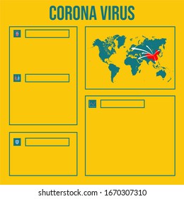 Vector infográfico del virus Corona cuadrado. plantilla de medios sociales. icono de difusión, antivirus, prevención y síntomas. Mapa mundial vectorial.
