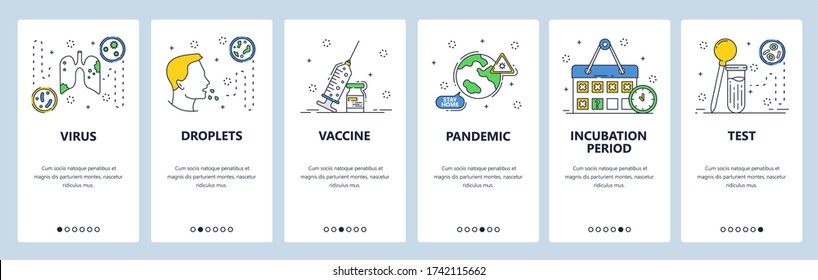 Corona virus world pandemic, coronavirus vaccine, lung pheumonia, cough. Mobile app screens. Vector banner template for website and mobile development. Web site design illustration