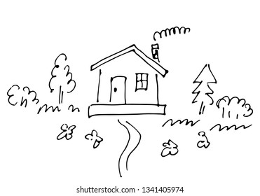 Corona virus written in typography poster design. Save planet from corona virus. Stay safe,stay inside home. Prevention from virus. Sketch of countryside house surrounded by trees 