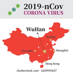 Corona Virus in Wuhan, China, 2019 nCov. Global Virus Spread in arrow, China map with city location (beijing, shanghai, hong kong, chengdu)