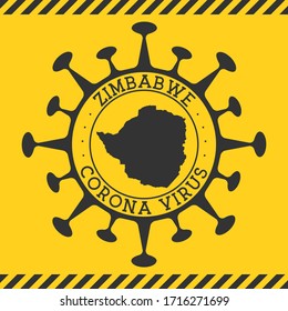Corona virus in Zimbabwe sign. Round badge with shape of virus and Zimbabwe map. Yellow country epidemy lock down stamp. Vector illustration.