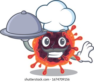 Corona virus zone as a chef cartoon character with food on tray