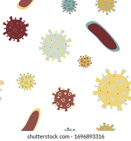 Corona viruses and bacteria's seamless vector pattern for coverage, wrapping paper and other design, textile, fabric print. Flat vector hand drawn isolated illustration.