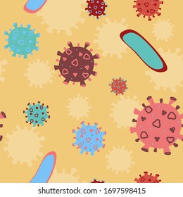 Corona viruses and bacteria's seamless vector pattern on yellow background for coverage, wrapping paper and other design, textile, fabric print. Flat vector hand drawn illustration.