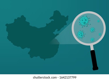 Corona virus-themed design, there is a map of China equipped with a magnifying glass and virus