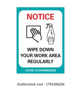 Corona Viurs COVID-19 Safety Signage - Wipe Down Your Work Area REGULARLY,suitable For Print